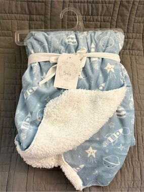 Blue Space Baby Blanket with White Sherpa Lining